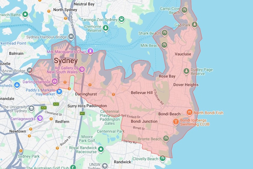 Map of inner Sydney with red parts highlighted