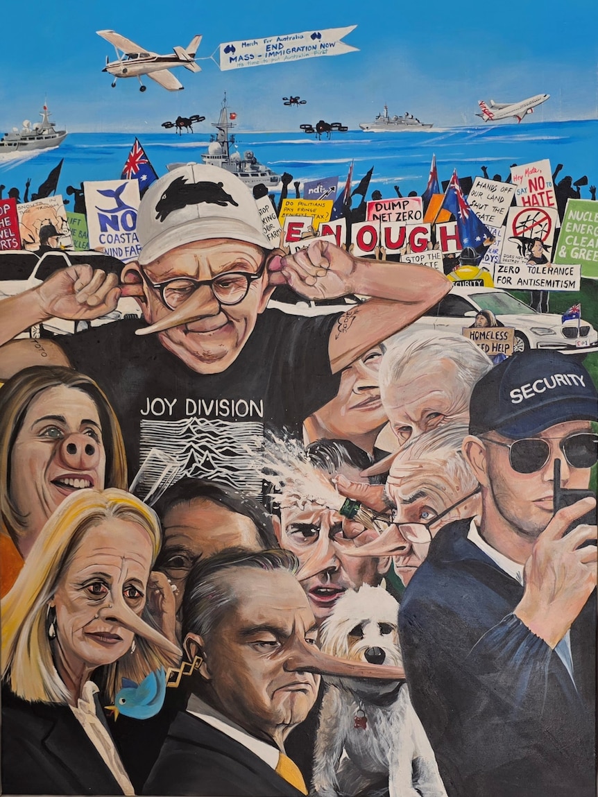 Different politicians such as Anthony Albanese and Katy Gallagher have long noses, as protest signs wave in the background.