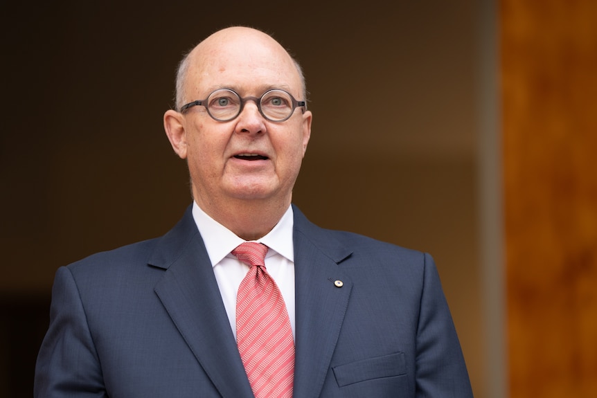 Kim Williams wearing a blue suit jacket and pink tie standing in front of a brown doorway opening