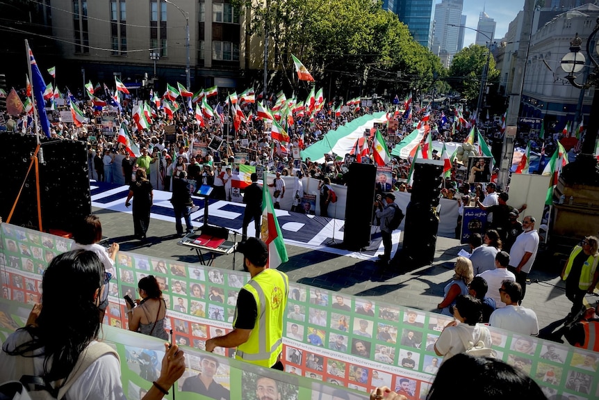 A crowd carrying Iranian flags.