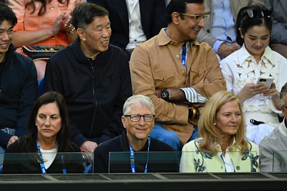 Bill Gates and partner Paula Hurd courtside at the 2026 Australian Open men’s singles final.