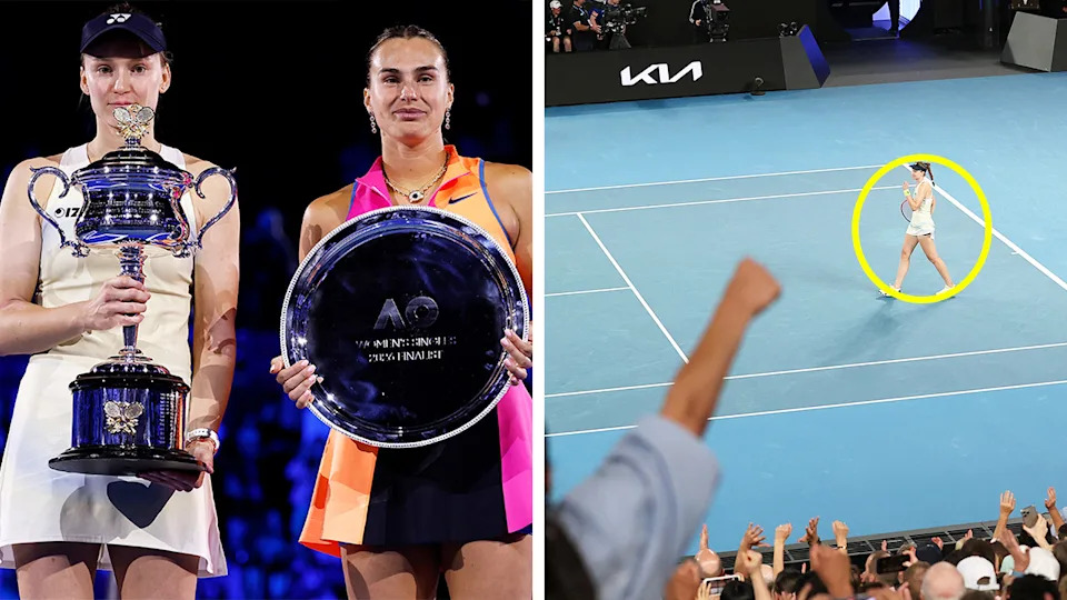 Elena Rybakina's (pictured far left) reserved celebration after defeating Aryna Sabalenka (pictured middle) and winning her first Australian Open title has captivated tennis fans. (Images: Getty Images)