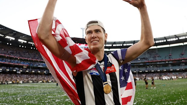 Mason Cox of the Magpies celebrates during the 2023 AFL Grand Final match between the Collingwood Magpies and the Brisbane Lions.