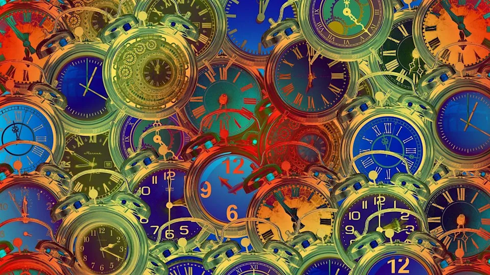  A series of blue and red and green and orange analog clocks all superimposed on each other. 