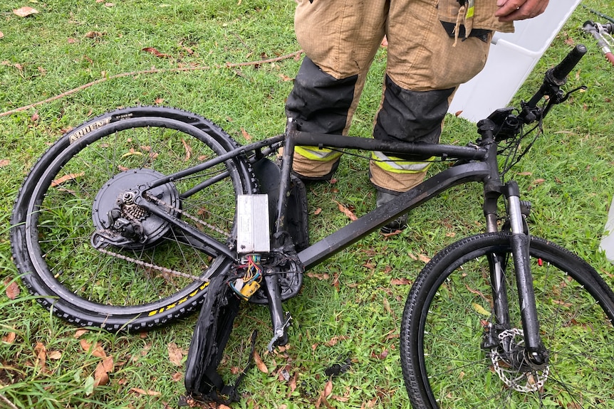 An e-bike with a burnt battery. 