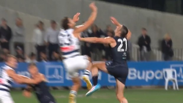 Shannon Neale and Marc Pittonet make knee on knee contact.