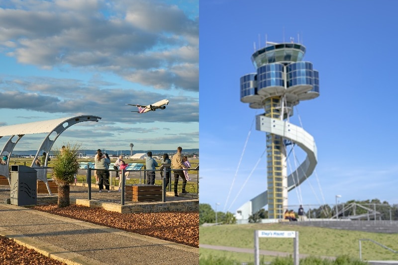 A composite image of a shelter with a plane leaving and a tower with a spiral around it