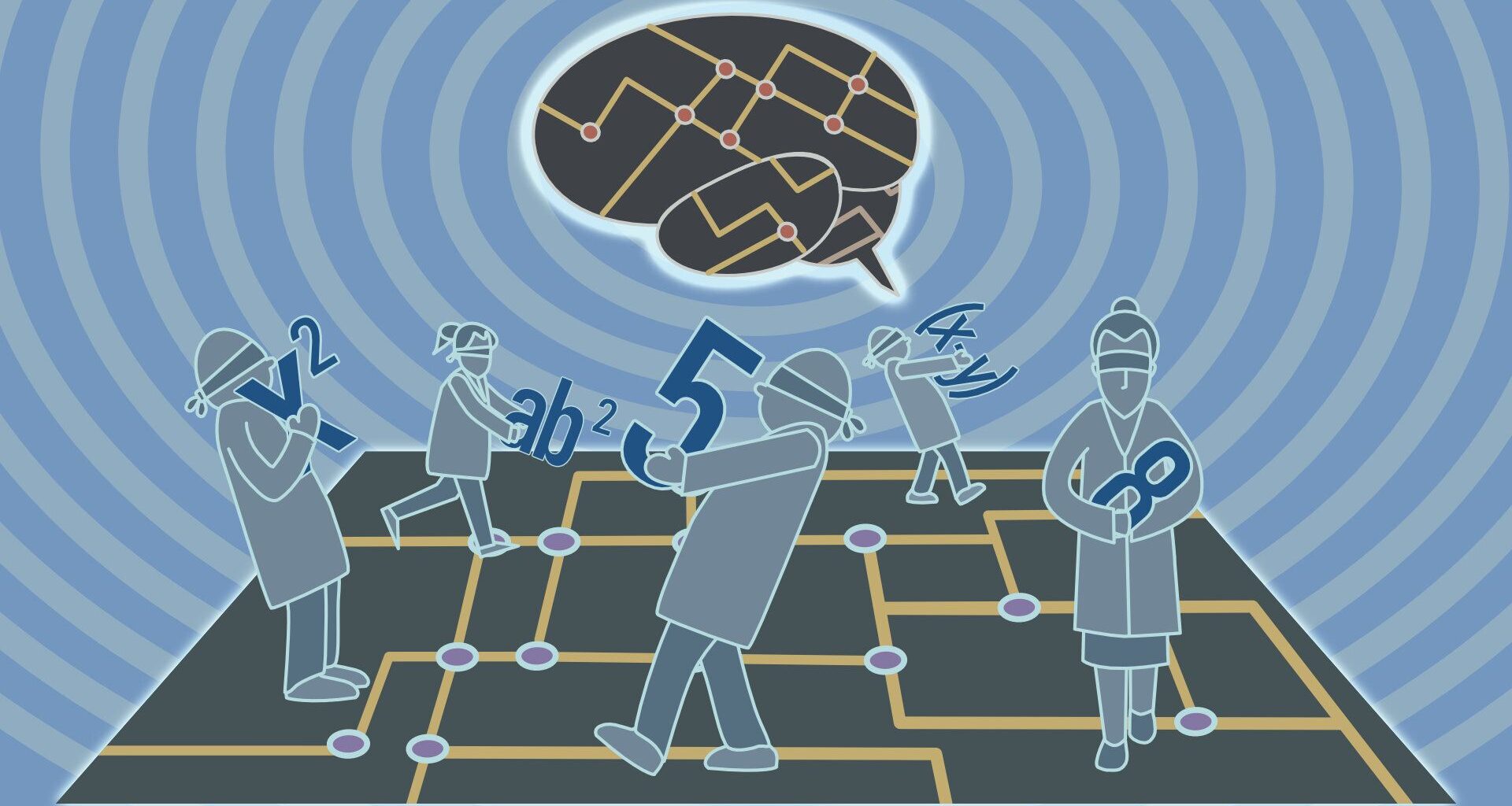 A cartoon showing a series of figures carrying different dark blue numbers walking across a green and yellow circuit board. In the background, a human brain floats in the center of blue concentric circles with a circuit board pattern in the shape of the brain