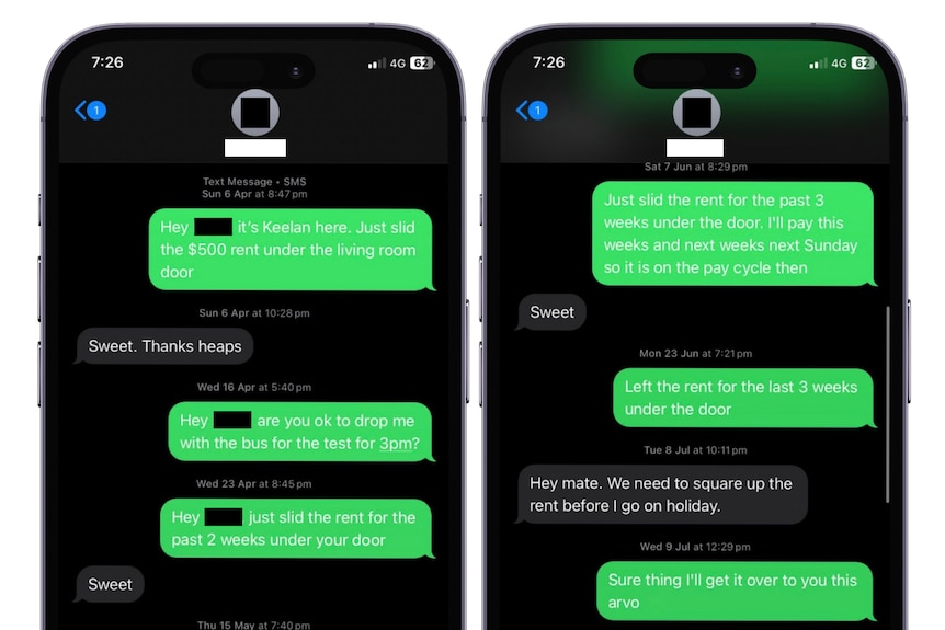 A redacted text conversation reading "Hey blank, it's Keelan here. just slid the $500 rent under the living room door".