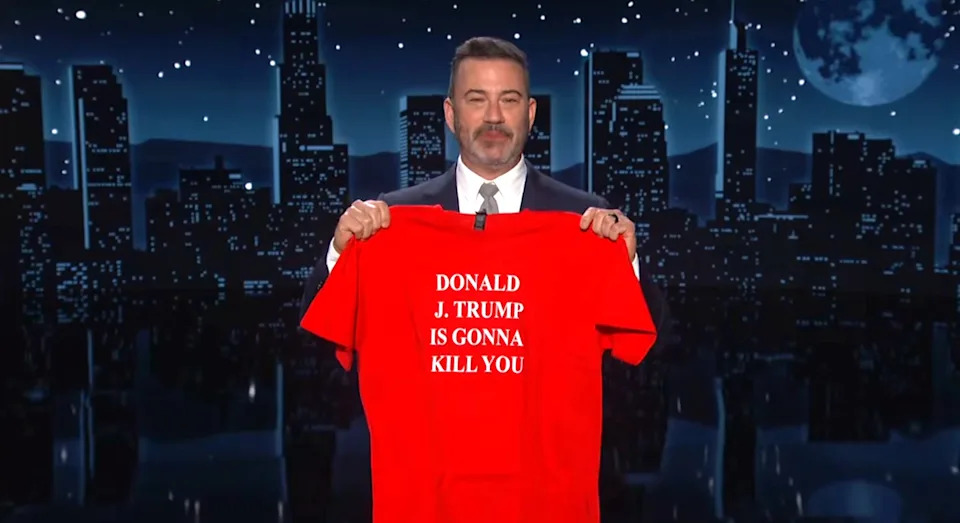 Jimmy Kimmel Live! Kimmel holding shirt that reads