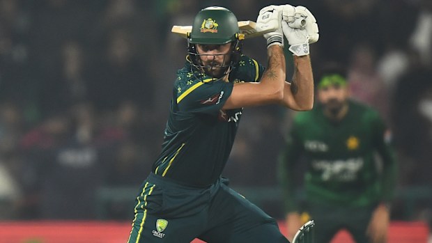 Matt Short bats during the T20 International match between Pakistan and Australia.