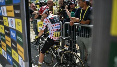 Accredited media members line a barrier to conduct interviews, as Team Visma - Lease a bike team's Danish rider Jonas Vingegaar wearing the best climber's polka dot (dotted) jersey awaits the start of the 19th stage of the 112th edition of the Tour de France cycling race, 93.1 km between Albertville and La Plagne, in the French Alps, on July 25, 2025. The 19th stage of the Tour de France was shorted from its initial 129.9 km route, bypassing the Col des Saisies where an outbreak of nodular dermatitis in a herd of cattle was discovered, prompting organizers to modify the race route. (Photo by Marco BERTORELLO / AFP)