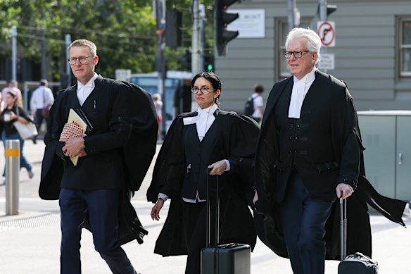 Barristers for Coles (from left): Andrew Barraclough, Sahrah Hogan and John Sheahan, KC, on Monday.