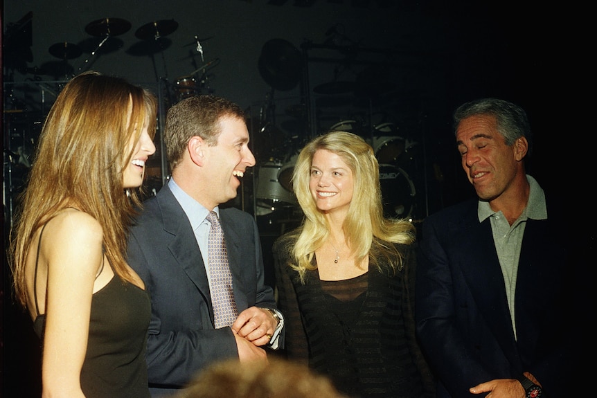 Melania Trump, Prince Andrew, Gwendolyn Beck and Jeffrey Epstein at a party.