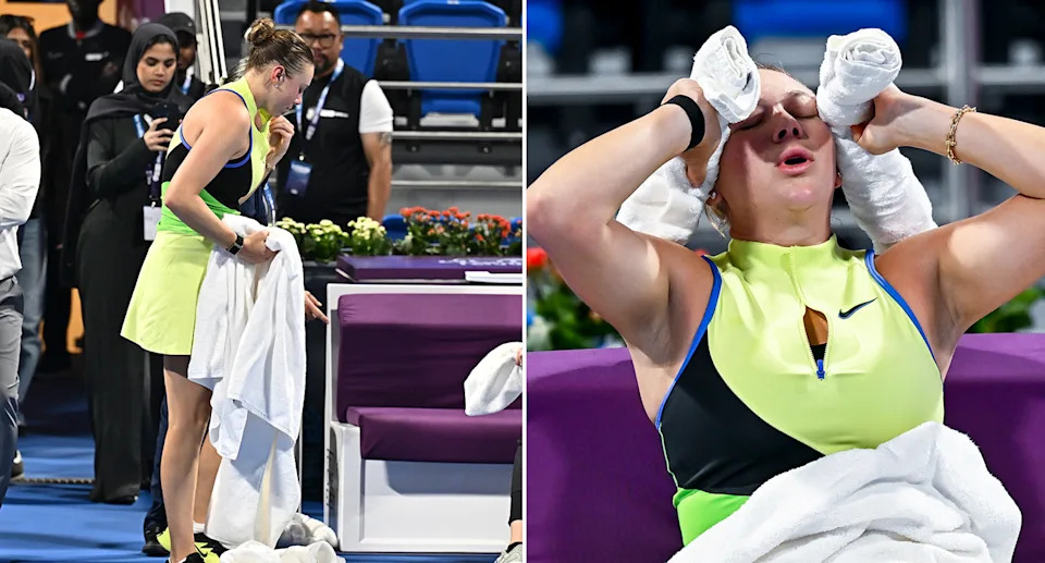 Defending champ Amanda Anisimova was struggling in her first-round match at the Qatar Open before being forced to retire. Pic: Getty