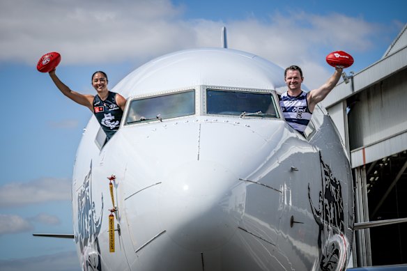 Carlton star Darcy Vescio and Geelong captain Patrick Dangerfield at the AFL’s partnership extension with Virgin Australia.