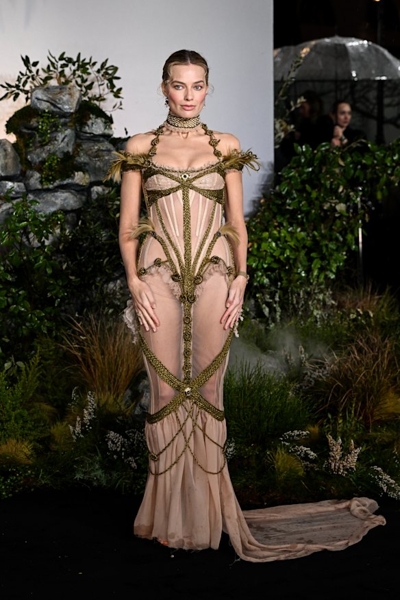Margot Robbie attends the UK premiere of Wuthering Heights wearing Dilara Findikoglu in London.