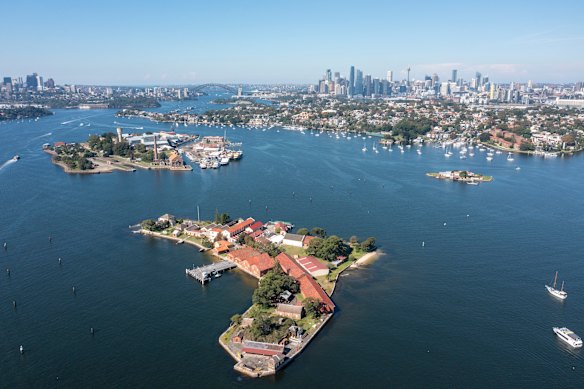 Spectacle Island on the Parramatta River section of Sydney Harbour, with Cockatoo Island in the background.