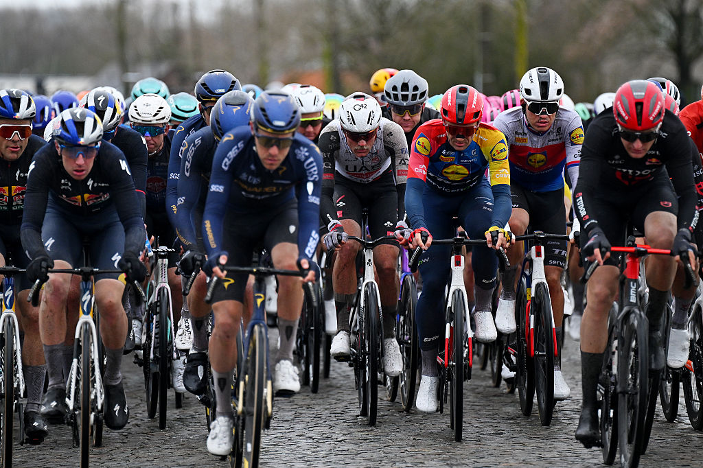 NIVONE, BELGIUM - FEBRUARY 28: (L-R) Julius Johansen of Denmark and UAE Team Emirates - XRG, Edward Theuns of Belgium and Mathias Vacek of Czech Republic and Team Lidl - Trek compete during the 21st Omloop Het Nieuwsblad 2026, Men&amp;apos;s Elite a 207.2km one day race from Ghent to Ninove / #UCIWT / on February 28, 2026 in Ninove, Belgium. (Photo by Tim de Waele/Getty Images)