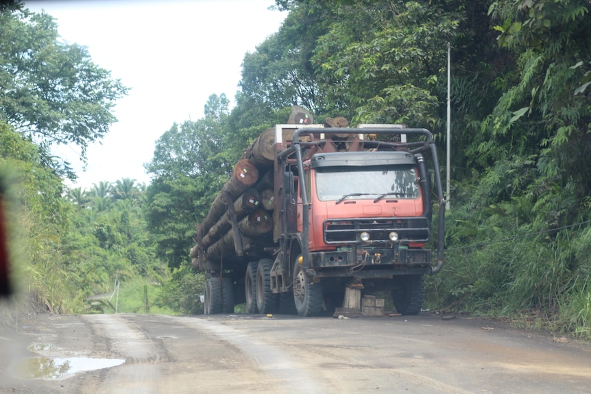 A small red truck carrying logs along a road in Malaysia.
