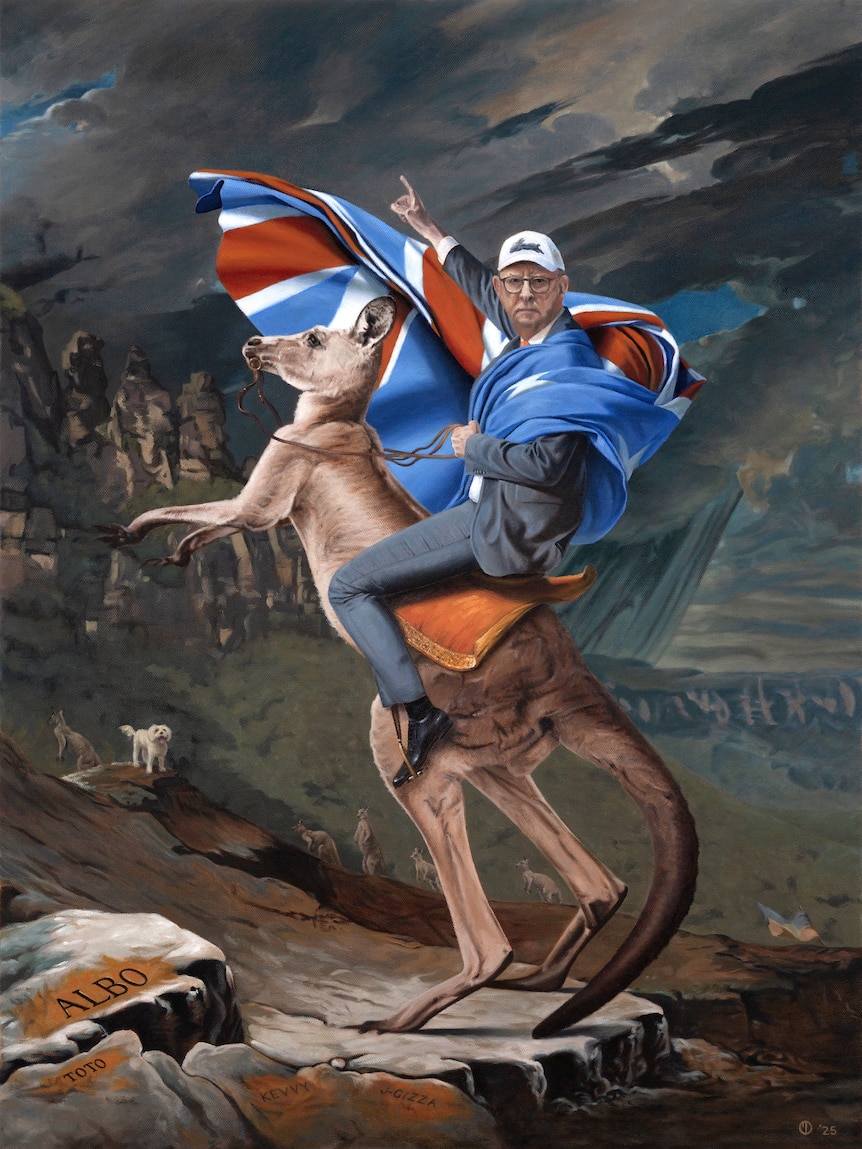 In the painting, Prime Minister Anthony Albanese wears an Australian flag and rides on a rearing kangaroo.