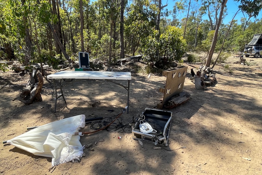 Electrical equipment hanging from trees at an illegal rave.