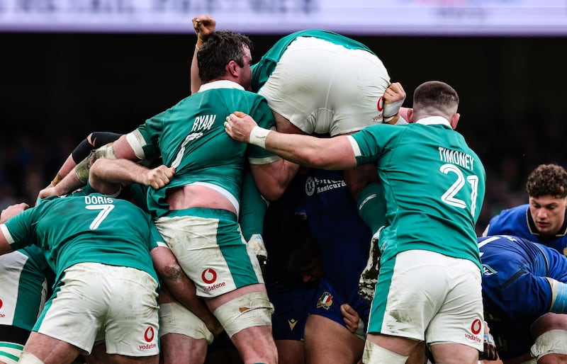 Ireland's Tadhg Furlong is lifted in a scrum. Photograph: Billy Stickland/Inpho
