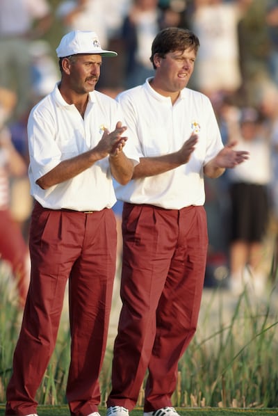 Team Europe's Mark James and Steve Richardson during the 1991 Ryder Cup in Kiawah Island, South Carolina. Photograph: Stephen Munday/Getty Images