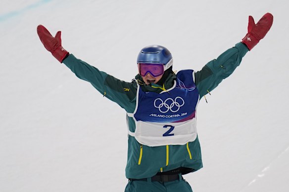 Australia’s Scotty James celebrates during the men’s snowboarding halfpipe finals following his second run.
