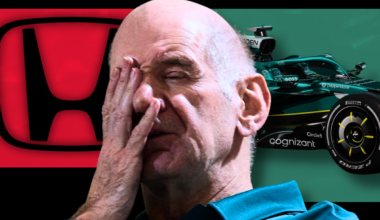 Newey with his head in his hand with a black background, red Honda logo to his left and green Aston Martin F1 car to his right