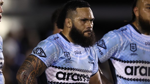 Siosifa Talakai of the Sharks looks on during the round 14 NRL match between Cronulla Sharks and New Zealand Warriors at Sharks Stadium on June 07, 2025 in Sydney, Australia. (Photo by Jason McCawley/Getty Images)