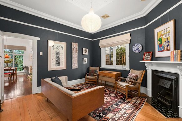 The earthy loungeroom of 15 Wisewould Street, Flemington