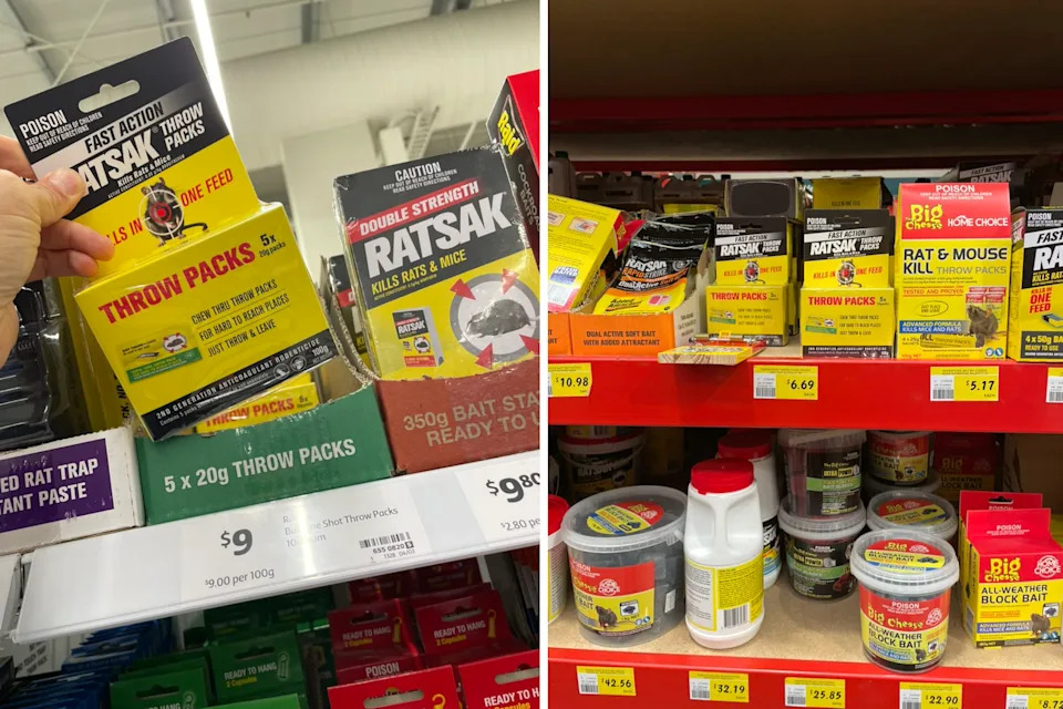 Left: Ratsak at Coles on the shelf. Right: Various rodenticides on the shelves of Bunnings.