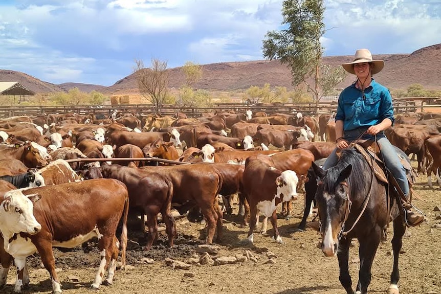 A woman smiles on horseback, wearing a broadbrimmed hat. To her left is a herd of brown and white cattle.