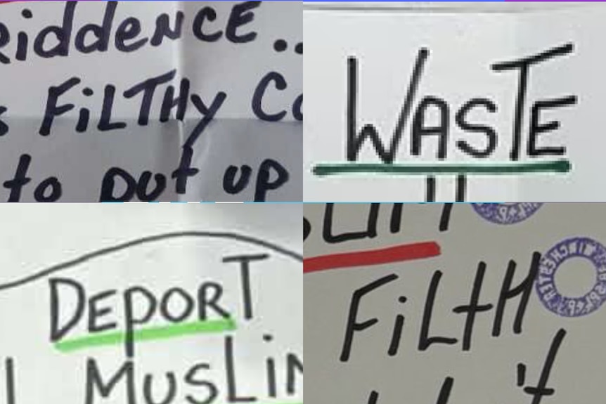 A composite image of letters reads "filthy", "waste", "deport", and "filth"
