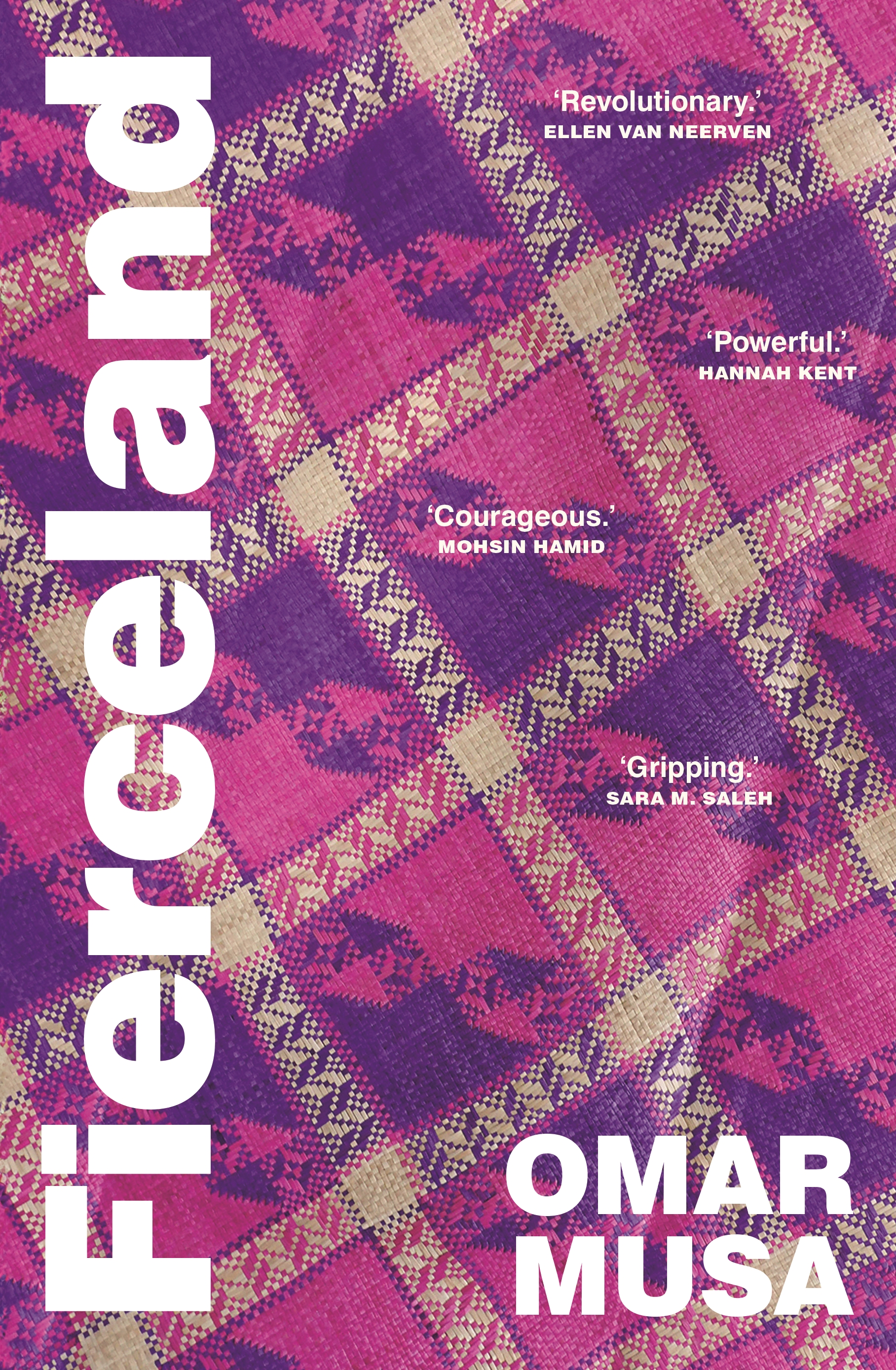 Cover of Fierceland by Omar Musa, showing text overlaid on purple and pink checked fabric