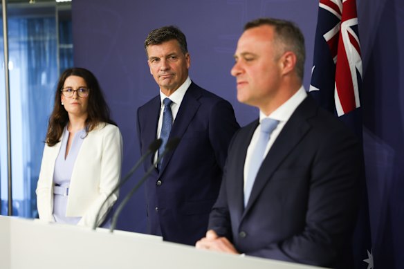 Angus Taylor with new finance spokeswoman Claire Chandler and shadow treasurer Tim Wilson (right).