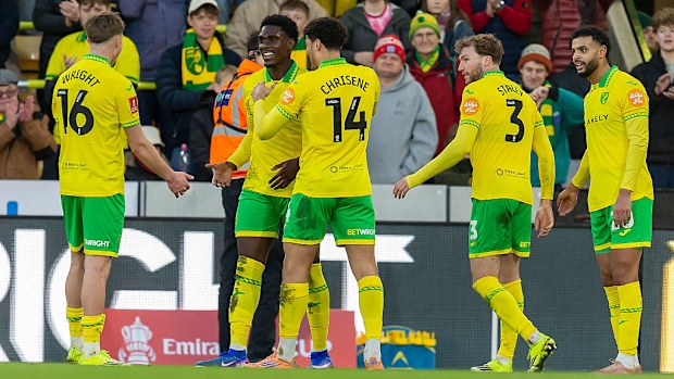 Mohamed Toure of Norwich City celebrates scoring his team's third goal.