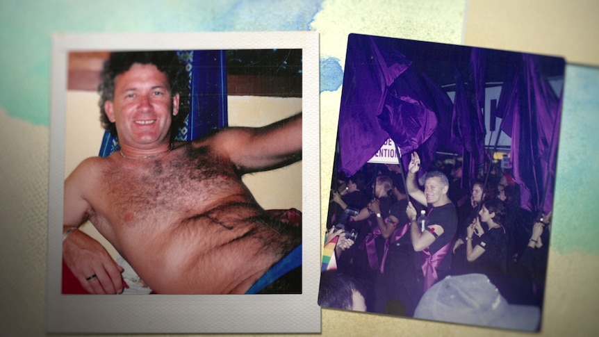 A man shirtless leans back, smiling big. Second imagery a packed room of people on a dance floor, most in dark colours