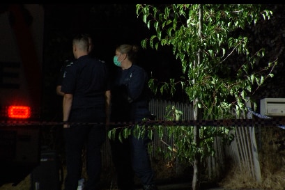 Two police officers in blue, one wearing a face mask, stand behind police tape next to a tree and fence at night.