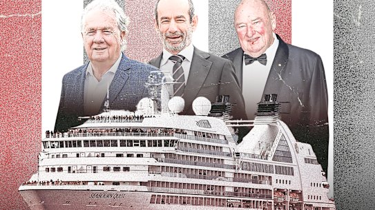 St Kilda powerbrokers Gerry Ryan, president Andrew Bassat and Lindsay Fox, who celebrated his birthday aboard the Seabourn Quest.
