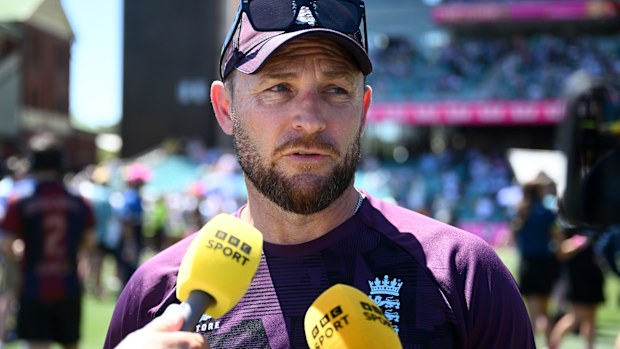 England coach Brendon McCullum speaks to media.
