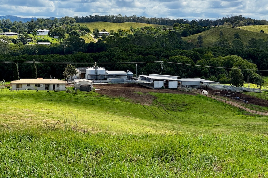 Looking down a hill to a house and dairy sheds and yards.