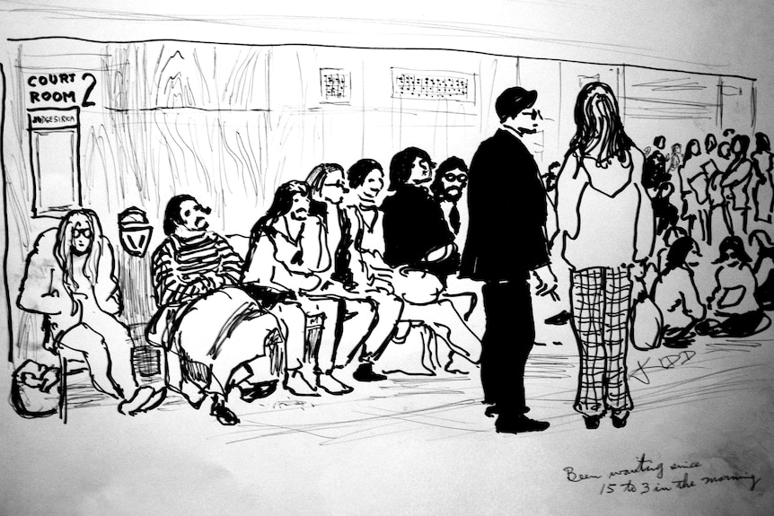 A black and white sketch of people waiting. 