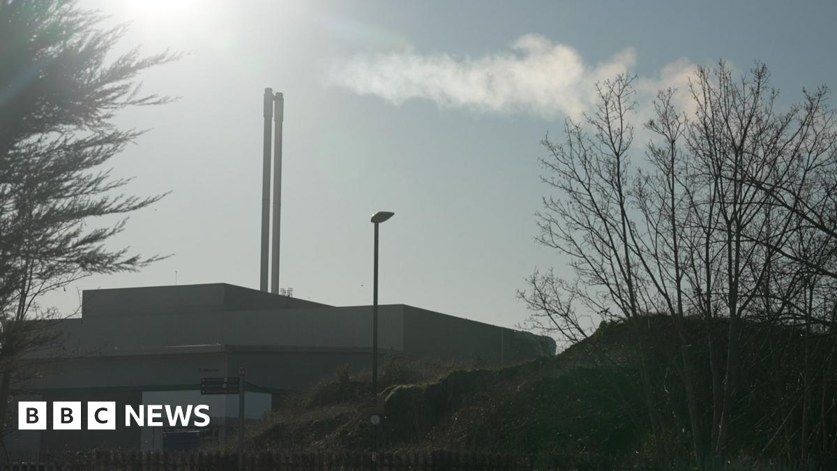 The Beddington Energy Recovery Facility is seen from outside, with two tall chimneys releasing a plume of steam into the sky, surrounded by trees and fencing.