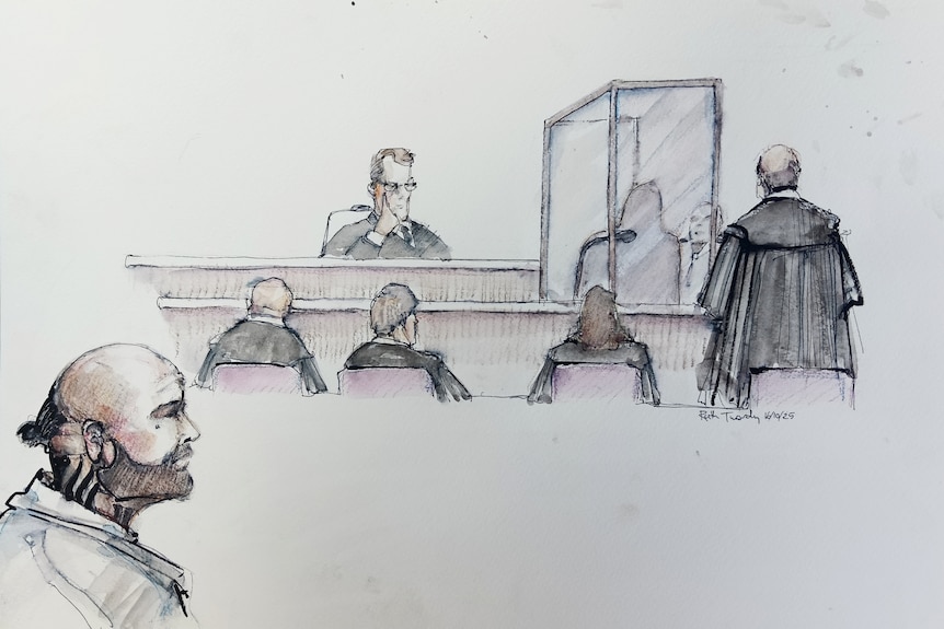 A court sketch features a man with a shaved head and tattoos up his neck in a courtroom with a glass witness box