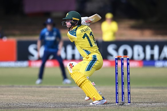 Peake, a classy left-hander, slashes the ball through the off side against England.