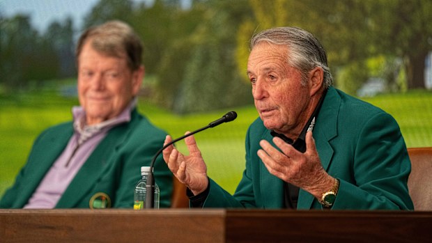 Masters champion and Honorary Starter Gary Player of South Africa addresses the media as Masters champion and Honorary Starter Tom Watson of the United States looks on after participating in the Honorary Starters Ceremony during the first round of the Masters at Augusta National Golf Club, Thursday, April 10, 2025. (Photo by Lillie Yazdi/Augusta National/Getty Images)