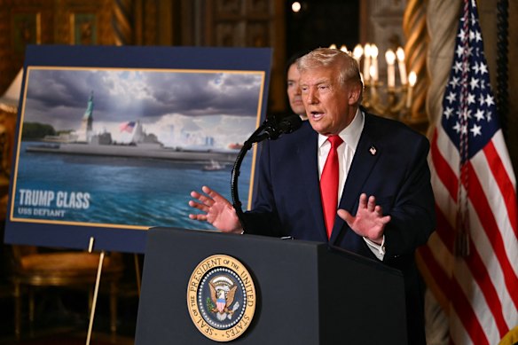 US President Donald Trump unveiling the new “Trump-class” battleship that would be part of the so-called Golden Fleet.
