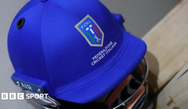 Italy cricket helmet in the dressing rooms during the T20 World Cup